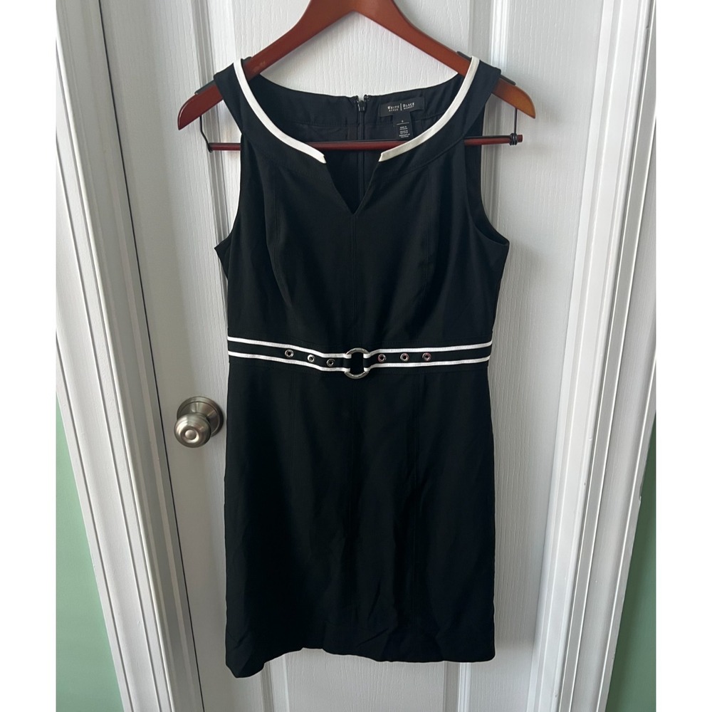 White House Black Market Dress Black White Sleeveless Sheath Built‎ in Belt Sz 6